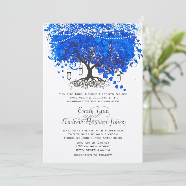 Invitation Cobalt Blue Heart Leaf Tree Mariage (Debout devant)