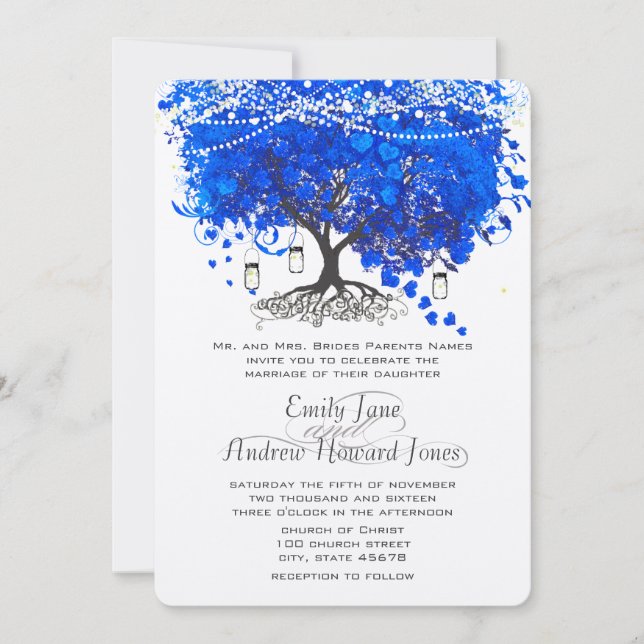 Invitation Cobalt Blue Heart Leaf Tree Mariage (Devant)