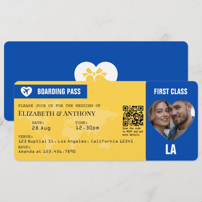 Invitation Cobalt Blue & Lemon Yellow Boarding Pass Wedding (Devant / Derrière)