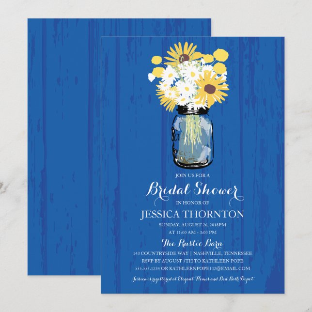 Invitation Cobalt Blue Mason Jar Sunflowers | Fête des mariée (Devant / Derrière)