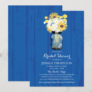 Invitation Cobalt Blue Mason Jar Sunflowers   Fête des mariée