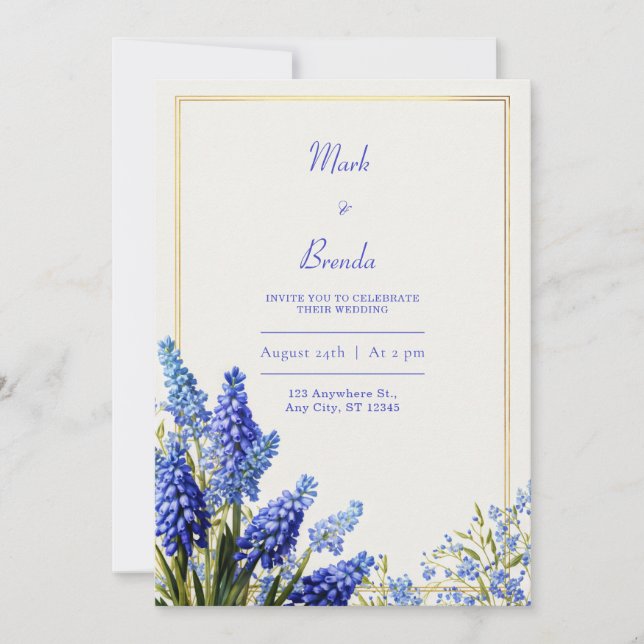 Invitation Cobalt Blue Muscari Botanical Gold Frame Wedding (Devant)