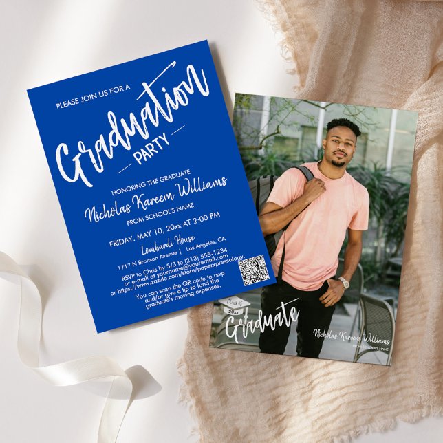 Invitation Cobalt Blue QR Code moderne Photo Graduation Party (Créateur téléchargé)