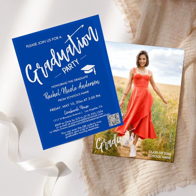 Invitation Cobalt Blue Script QR Code Photo Graduation Party (Créateur téléchargé)