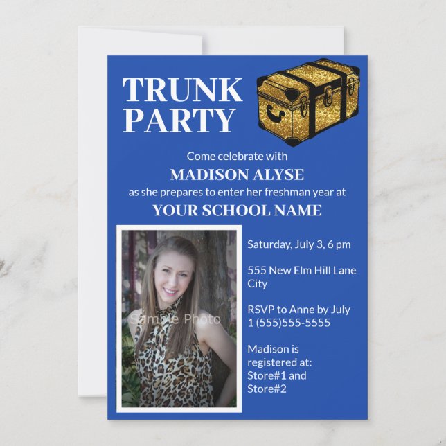 Invitation Cobalt Blue Trunk College Dorm Party Photo (Devant)