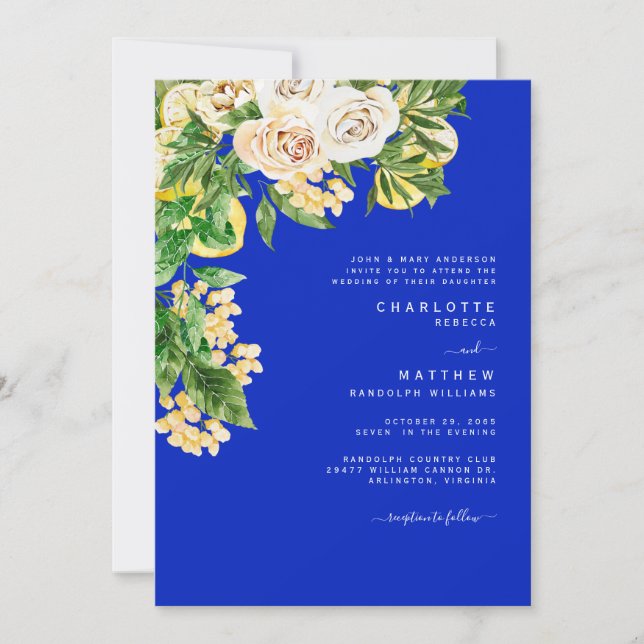 Invitation Cobalt Floral Lemon Bride Parents Mariage tropical (Devant)