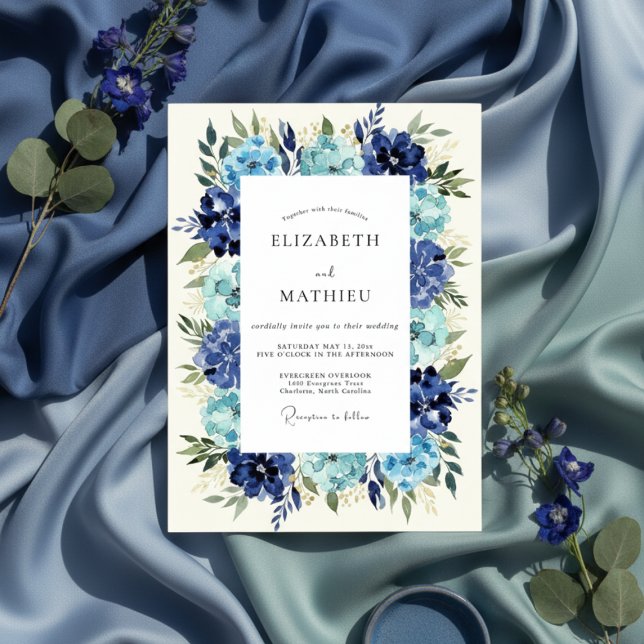 Invitation Cobalt Floral Luxuriant Romance Mariage (Créateur téléchargé)