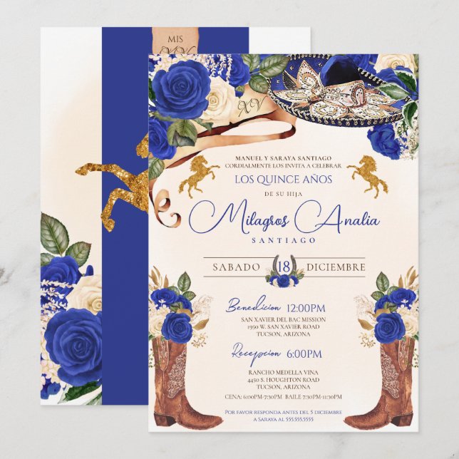 Invitation Cobalt Royal Blue Roses Western Charro Quinceañera (Devant / Derrière)