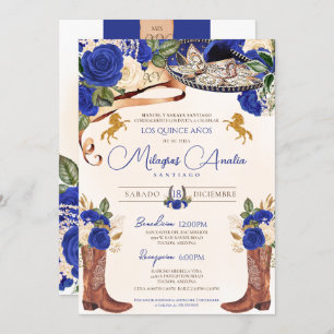 Invitation Cobalt Royal Blue Roses Western Charro Quinceañera