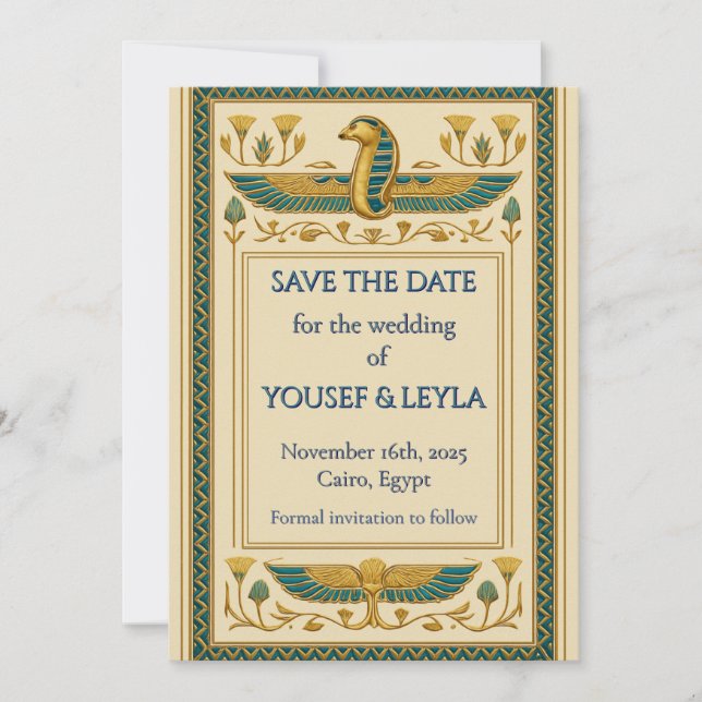 Invitation Cobra Ailé Égyptien Lotus Or Save the Date (Devant)
