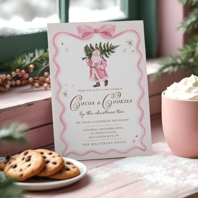 Invitation Coca & Cookies Christmas Party Retro rose Père Noë (Cocoa & Cookies Christmas Party Retro Pink Santa Invitation)