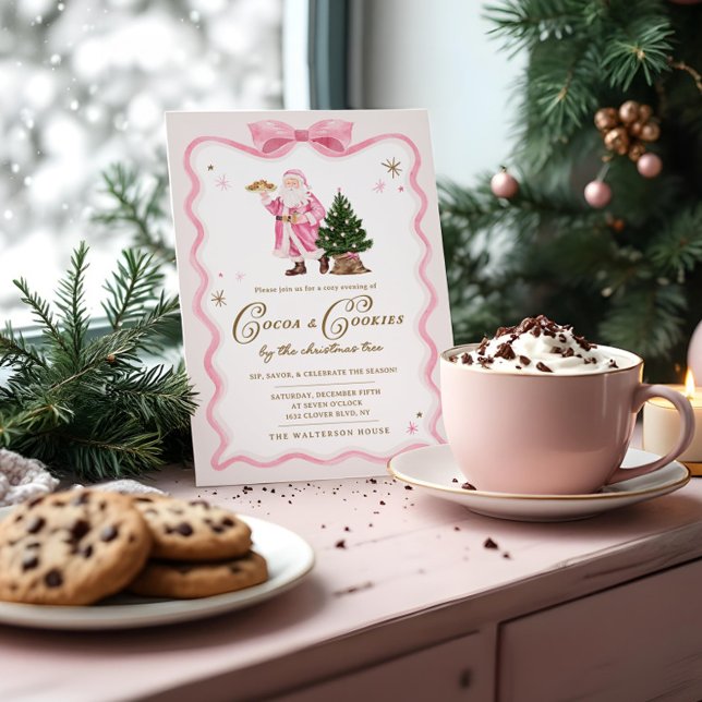 Invitation Coca & Cookies Christmas Party Retro rose Père Noë (Cocoa & Cookies Christmas Party Retro Pink Santa Invitation)