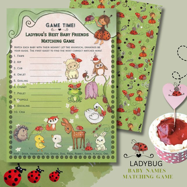 Invitation Coccinelle dessinée à la main et correspondance d' (Hand-Drawn Ladybug & Friends Baby Animal Matching Invitation)
