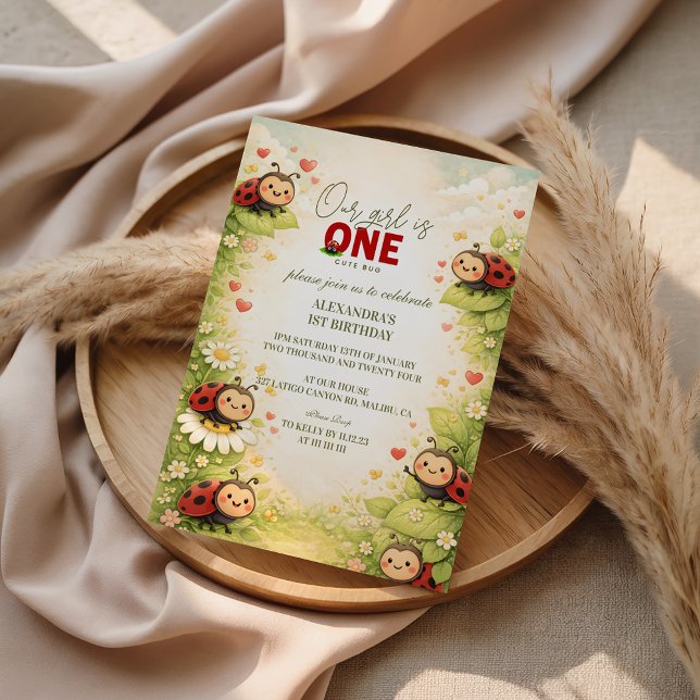 Invitation Coccinelle Florale Rustique 1er Anniversaire (Créateur téléchargé)