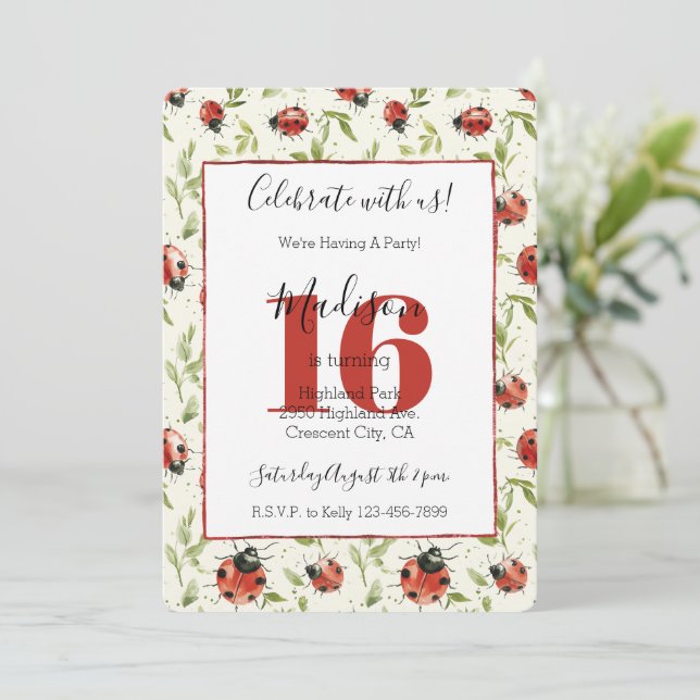 Invitation Coccinelles Feuilles 16e Anniversaire (Debout devant)