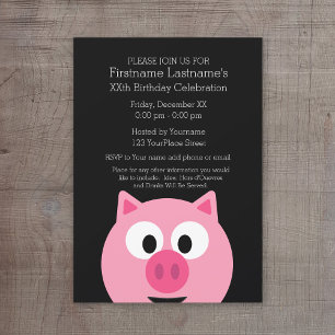 Invitation Cochon de ferme en caricatures - rose et noir
