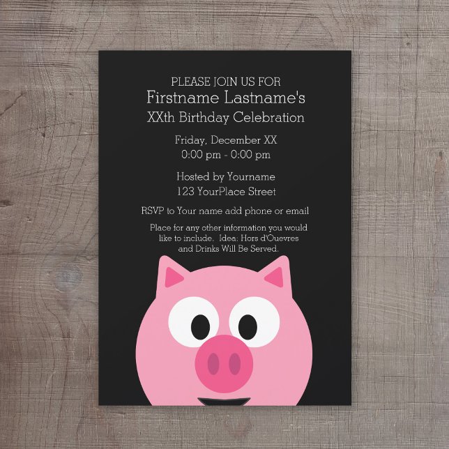 Invitation Cochon de ferme en caricatures - rose et noir (Cute Birthday Party Invitation - cartoon pig)
