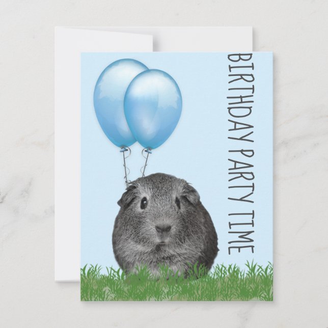 Invitation Cochon d'Inde Girly Blue Balloon Anniversaire Pers (Devant)