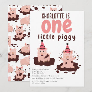 Invitation Cochon Jouant dans la Boue Petit Cochon Premier 1e