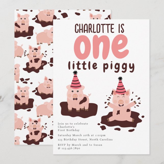 Invitation Cochon Jouant dans la Boue Petit Cochon Premier 1e (Devant / Derrière)