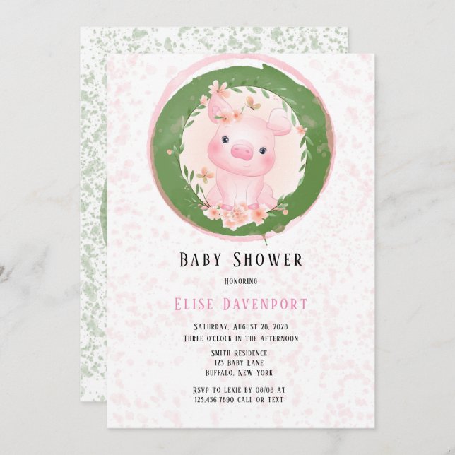 Invitation Cochon rose de mignon Baby shower fille (Devant / Derrière)