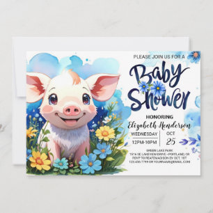 Invitation Cochon's Country Farm Charm Baby shower bleu