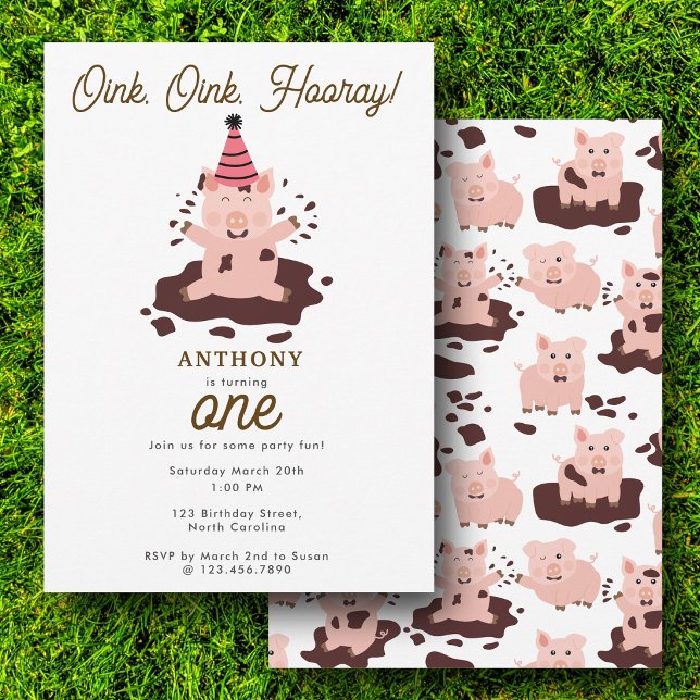 Invitation Cochons mignons jouant dans la ferme d'animaux de  (Cute Pigs Playing in Mud Farm Animals 1st Birthday Invitation)