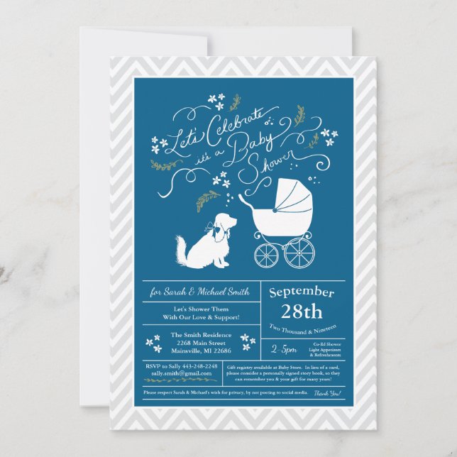 Invitation Cocker Spaniel Dog Baby shower Boy Blue (Devant)