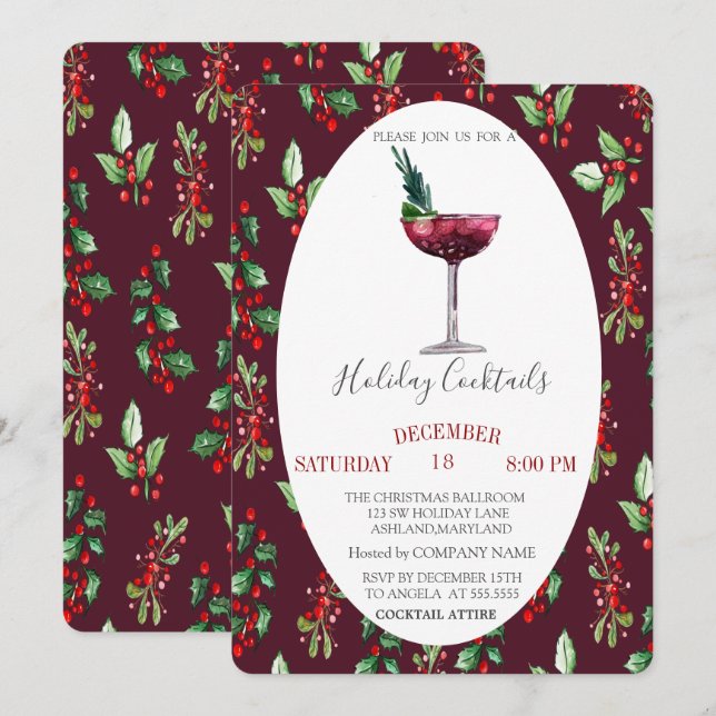 Invitation Cocktail aquarelle baie de houx Noël (Devant / Derrière)