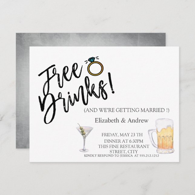 Invitation Cocktail Aquarelle, Bière, Boissons Gratuites Mari (Devant / Derrière)