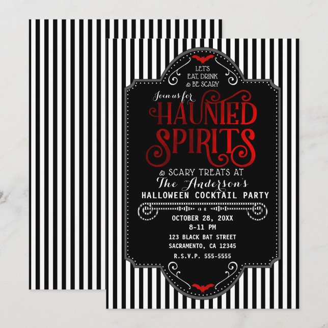 Invitation Cocktail Black White Stripes Red Haunted Spirits (Devant / Derrière)