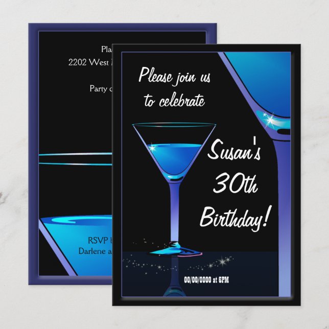 Invitation Cocktail Blue Martini fête d'anniversaire (Devant / Derrière)