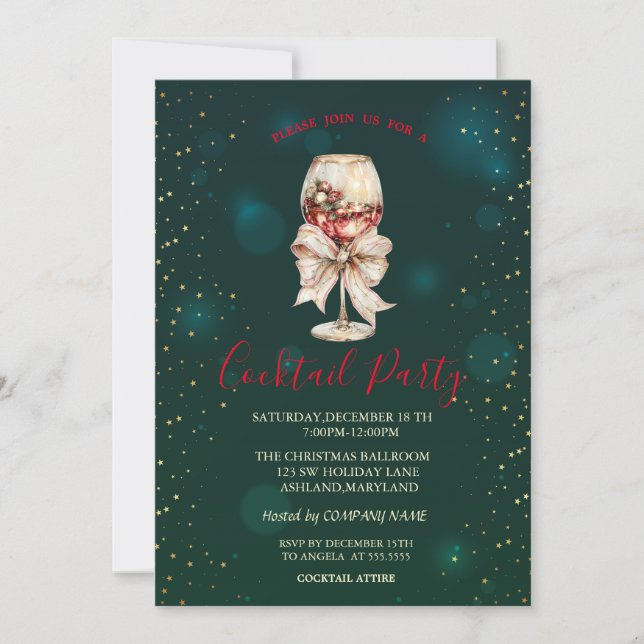 Invitation Cocktail Bow Stars Soirée de Noël Verte (Devant)