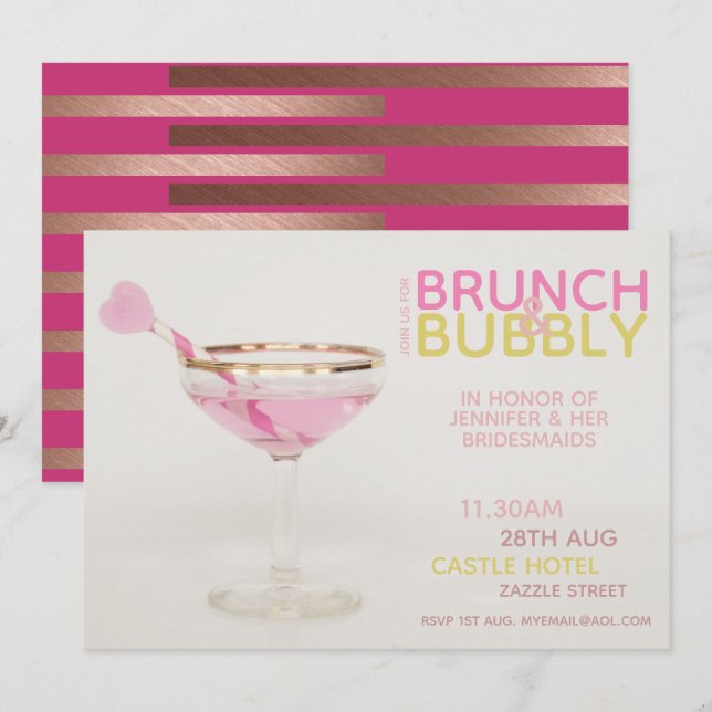 Invitation COCKTAIL BUBBLY POUR BRUNCH Réception de demoisell (Devant / Derrière)