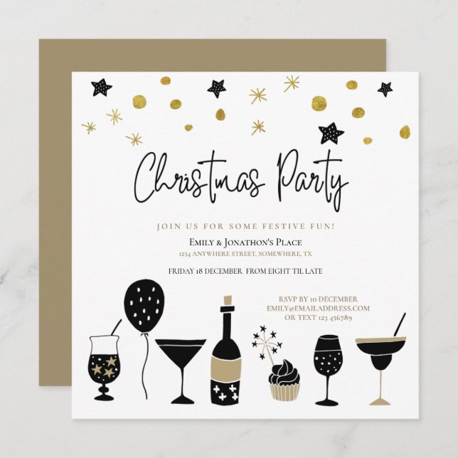 Invitation Cocktail Champagne Gold Black Christmas Party (Devant / Derrière)