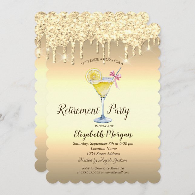 Invitation Cocktail Citron Parties scintillant Or Baisse Retr (Devant / Derrière)