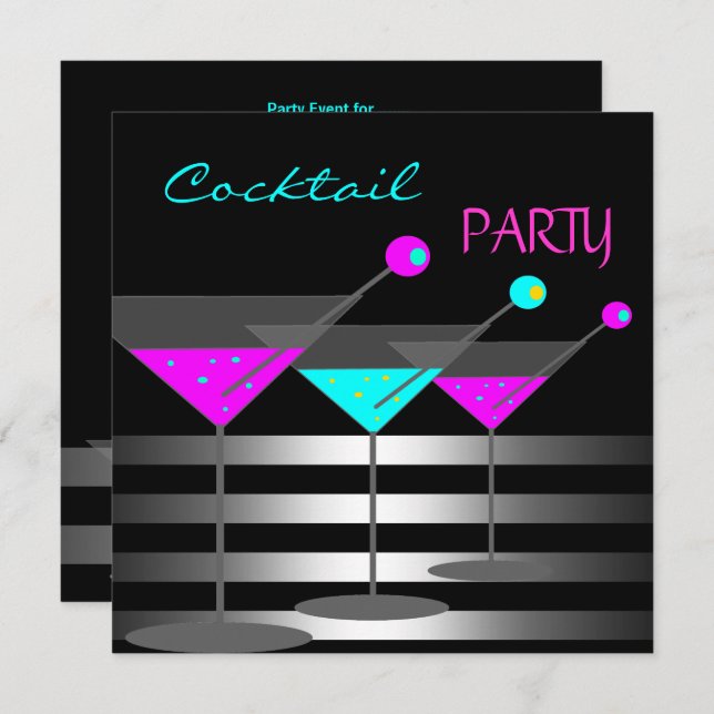 Invitation Cocktail Cocktails Boissons Martini Turquoise Rose (Devant / Derrière)