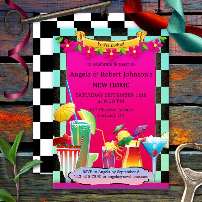 Invitation Cocktail coloré rétro Fête Réchauffement domestiqu (Housewarming party invitation showing a colorful retro design with festive drinks and cocktail glass)