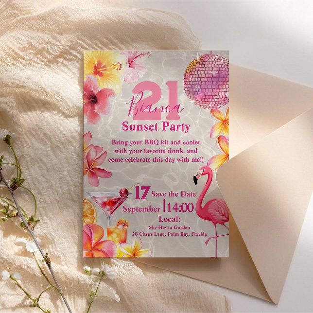 Invitation Cocktail d'anniversaire de la fête Tropical Flamin (Tropical Flamingo Sunset Party Birthday Cocktail Invitation)
