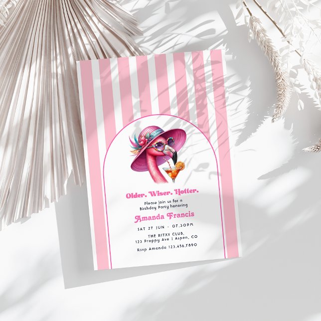Invitation Cocktail d'anniversaire rose chaud pour femmes plu (Older Wiser Hotter Hot Pink Birthday Cocktail Invitation)