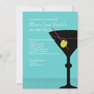 Invitation Cocktail d'anniversaire Turquoise Martini et Merri