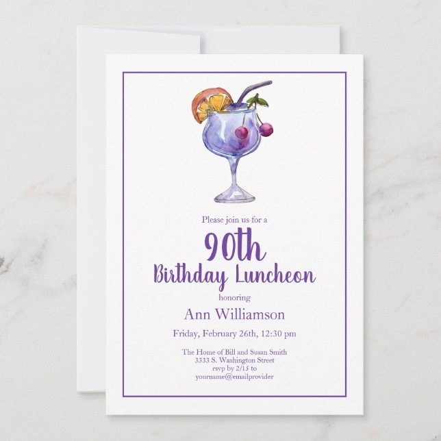 Invitation Cocktail de fête à l'aquarelle 90e anniversaire (Devant)
