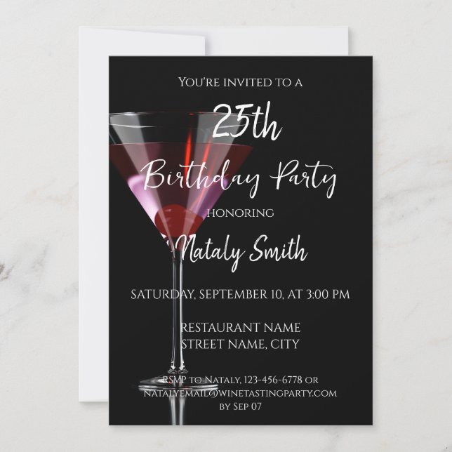 Invitation Cocktail de martini aux cerises sur fond noir (Devant)