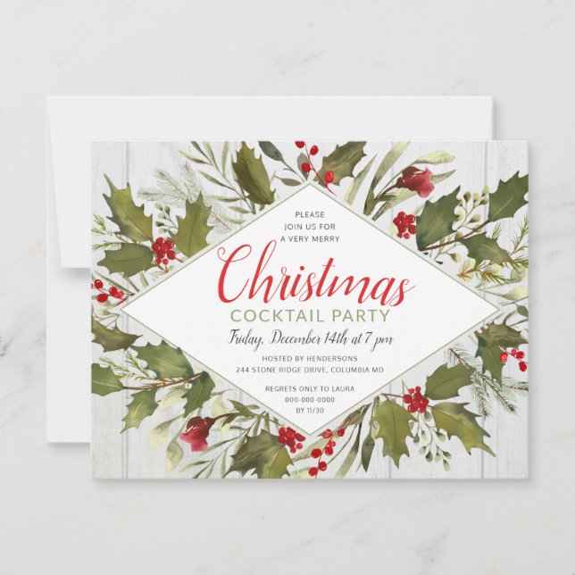 Invitation Cocktail de Noël Aquarelle Vintage Holly (Devant)