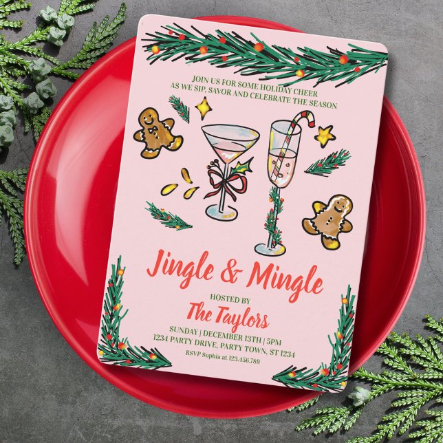 Invitation Cocktail de Noël Jingle et Mingle Drawn Main (doodle cocktail christmas party, red and green and pink)