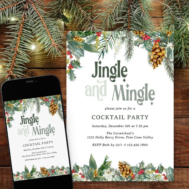 Invitation Cocktail de Noël Jingle et Mingle Holly Pine (Jinghle & Mingle christmas cocktail party invitation with holly and pine cones)