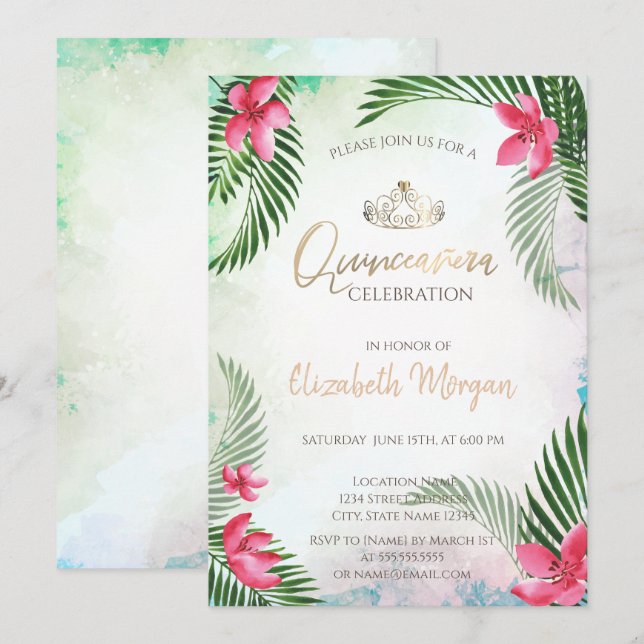Invitation Cocktail de palmier à fleurs tropicale Quinceañera (Devant / Derrière)