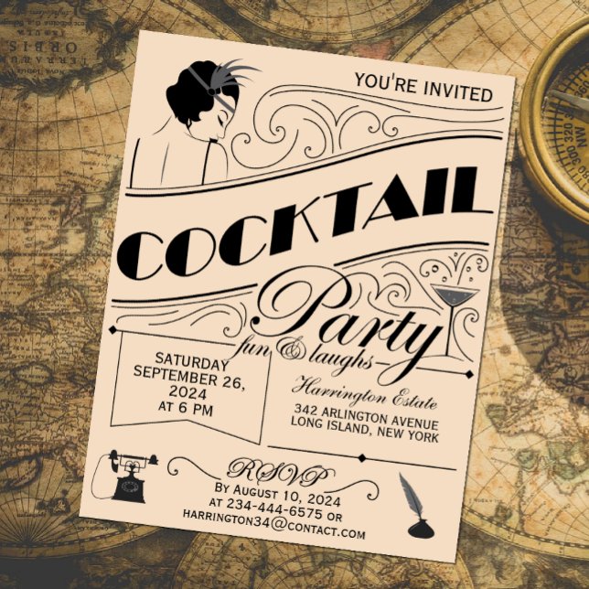 Invitation cocktail de script Whimsical (Vintage cocktail party invitation, Gatsby style)