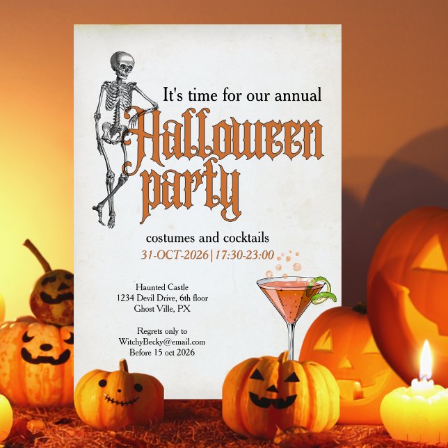 Invitation Cocktail de squelette drôle Fête d'Halloween au bu (Créateur téléchargé)