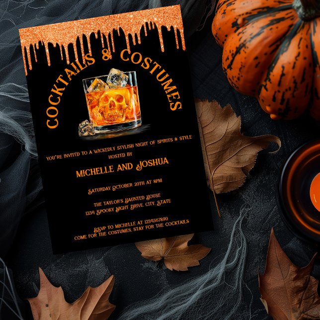 Invitation Cocktail d'Halloween pour adultes et crâne de soir (orange halloween cocktail with skull shaped ice cubes)